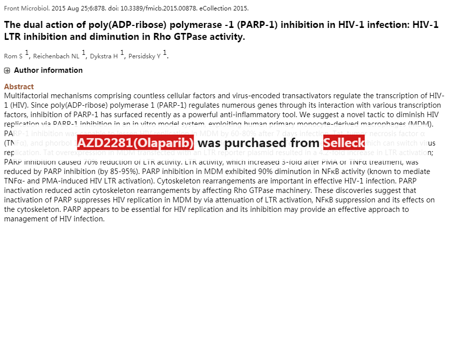 Olaparib (AZD2281) PARP 抑制剂 现货供应 美国品牌 免费采购电话4006686834